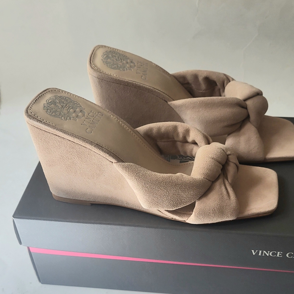 Vince Camuto Rennaya Suede Wedge Sandals Beige - Picture 3 of 10